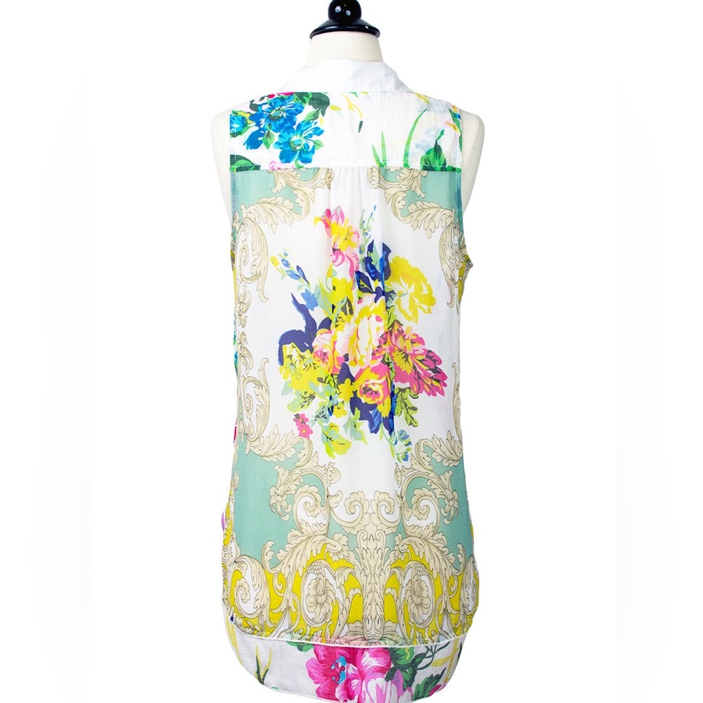 Aratta Botanical Sleeveless Button Front Collared Shirt in White Bright Floral - Picture 3 of 4